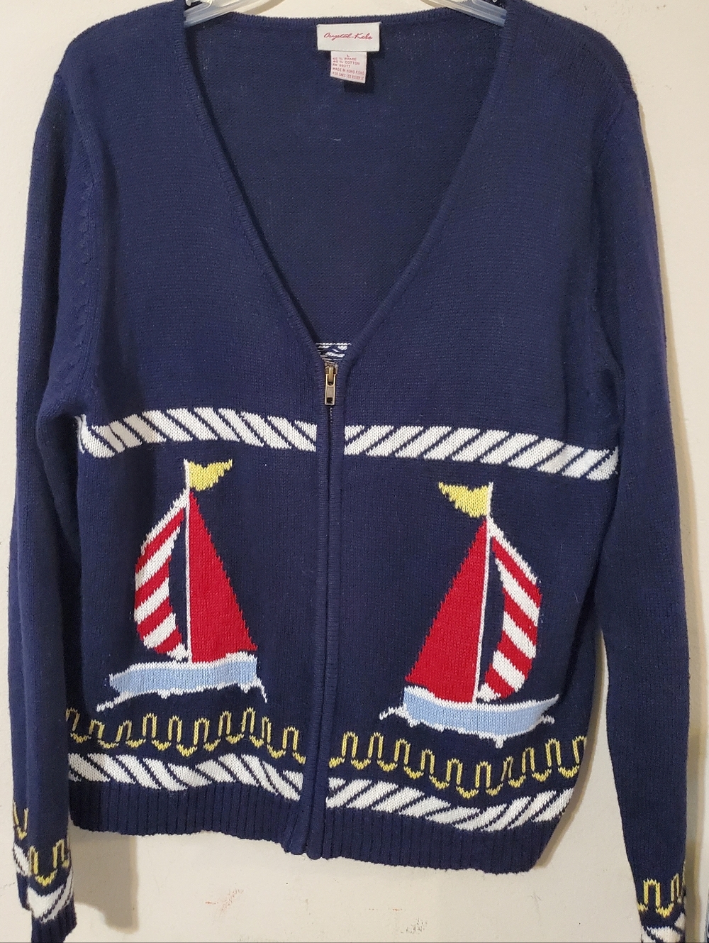 Vintage Sail Boat Nautical Zip Front Cardigan Sweater Navy